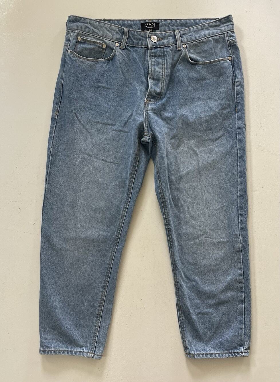 Boohoo MAN Blue Button Fly Slim Fit Denim Jeans Men's Size 34 x 24.5 Short Crop